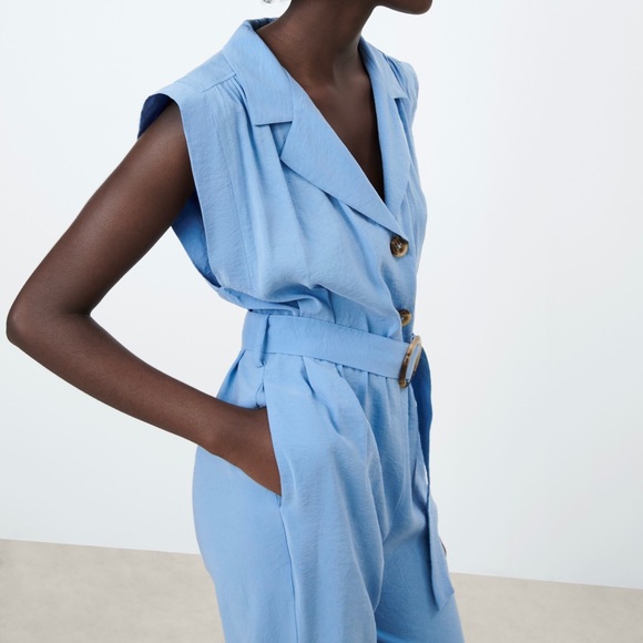 NWT Zara blue short sleeve buttoned up jumpsuit with a tie - Picture 3 of 15